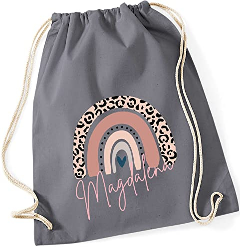 Turnbeutel mit Namen Leo-Print | Motiv Regenbogen in rosa | Stoffbeutel zum Zuziehen als Rucksack für Mädchen (grau)
