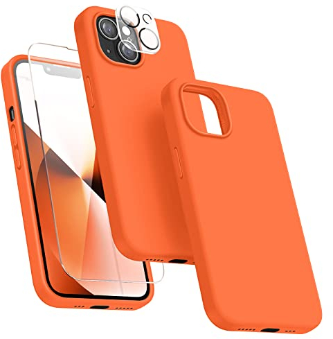 Dssairo [5-in-1 Entworfen für iPhone 13 Hülle, mit 2xDisplayschutzfolie + 2xKameralinsenschutz, Flüssigsilikon, Schutzhülle [weiches, kratzfestes Mikrofaserfutter] 15.5 cm (6.1 Zoll) 2021 (Orange)…