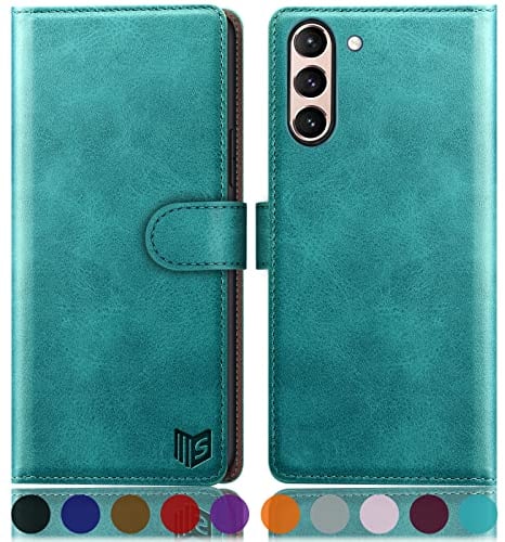SUANPOT Coque pour Samsung Galaxy S21 5G [RFID Blocage] [Magnétique Protection] Fentes pour Cartes Etui Portefeuille Premium en Cuir PU pour Samsung S21 Bleu Vert