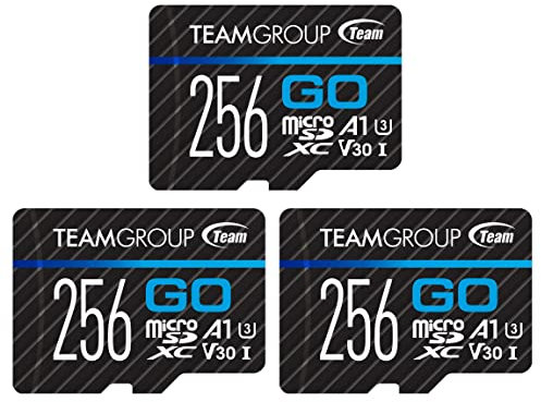 TEAMGROUP GO Card 256GB x 3 PACK Micro SDXC UHS-I U3 V30 4K for GoPro & Drone & Action Cameras High Speed Flash Memory Card with Adapter for Outdoor Sports, 4K Shooting, Nintendo-Switch TGUSDX256GU362