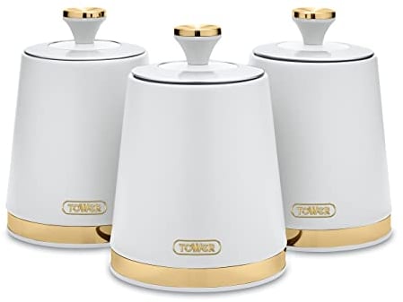 Tower T826131WHT Cavaletto Set of 3 Storage Canisters for Coffee/Sugar/Tea, Steel, White and Champagne Gold