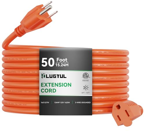 Outdoor Extension Cord 50 FT Waterproof, 16/3 Gauge Heavy Duty 3 Prong Extension Cord, 13A 1625W SJTW, ETL Listed, Great for Garden and Home, Orange