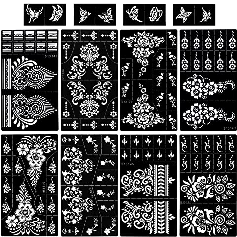 HOWAF 9 Blatt Henna Tattoo Schablonen, Temporäre Tattoo Schablonen Glitter Tattoos Schablonen Tattoo Feder Mandala Blume Schablonen Wiederverwendbar Hand Tattoo Aufkleber für Frau Kinder Mädchen