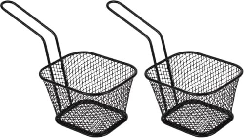 LATRAT 2 Stück Frittierkorb Mini Quadratische Chip Körbe Metall Friteuse Serviert für Pommes, Zwiebelringe und Hähnchenflügel, Schwarz