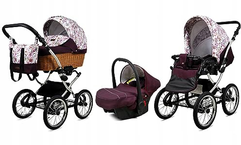 BabyLux® Bambimo Kinderwagen Set 3 in 1 - Classic Exclusive - incl. Babywanne, Buggy Sportsitz, Auto-Babyschale - Autositz - Kinderwagenset - Kombikinderwagen mit Wickeltasche, Regenschutz usw.