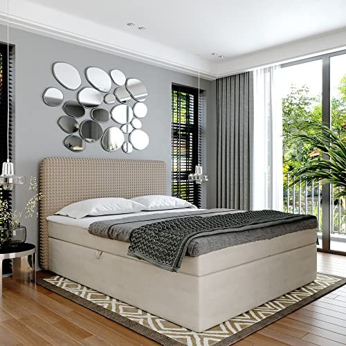 Boxspringbett Doppelbett Suzi - Gepolstertes Kopfteil mit Einer Eleganten Weichen Kissendesign. Bett mit Bonellmatratze mit Bettkasten für Bettwäsche und Topper. (Cappuccino, 140x200)