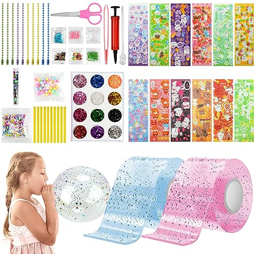 2 Rollen Glitzer Nano Tape Bubbles Set, Rosa und Blau DIY Bubble Tape Nano Klebeband Doppelseitig mit Pumpe, Pailletten, Glitzerpuder und Aufklebern, Blowing Bubble Tape Geschenk Bastelsets für Kinder