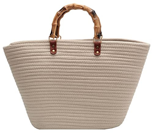 Fiorky Ladies Woven Tote Bamboo Handle Holiday Hand Bag Large Capacity Striped Portable Casual Fashion for Seaside Party Summer Beach, Travel