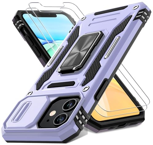 DEERLAMN Lot de 2 Coques pour iPhone 11 avec Coque coulissante pour Appareil Photo + Protecteur d'écran avec Anneau Rotatif, béquille de qualité Militaire, Violet Clair