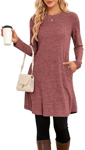 NARRAME Winter-Pullover-Kleider für Damen, Midi-Langarm, Kausale Knöpfe, seitliches Tunika-Kleid mit Taschen, mittelrot, schwarz, kariert