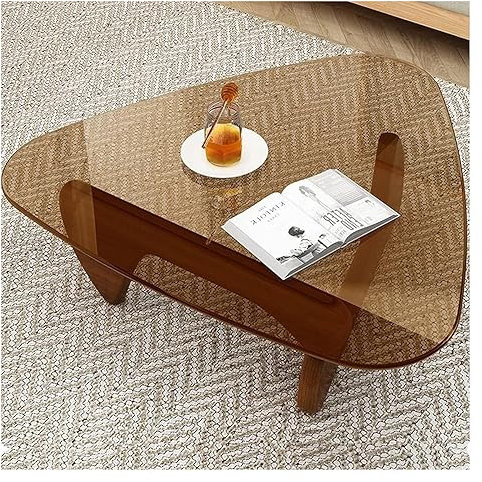 Table Basse Salon, Table d'appoint moderne du milieu du siècle avec base en bois massif, table basse triangulaire en verre trempé, table centrale vintage for salon, balcon, table d'appoint, noyer/tran