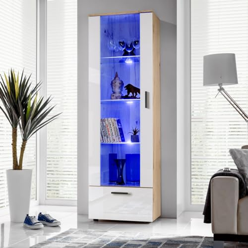 Komodee Vitrine Alessandria A1 Wotan/Weiß 60x192x42 cm | Vitrine Alessandria, Wotan/Weiß, Breite 60cm x Höhe 192cm x Tiefe 42cm, LED Blau , 3 Glasböden, für Wohnzimmer
