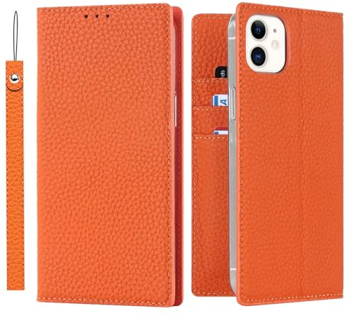 ELTEKER Hülle iPhone 12/12 Pro Handyhülle [Echtes Leder] Klapphülle mit Kartenfach,Schutzhülle Leder Hülle für iPhone 12/12 Pro-Orange