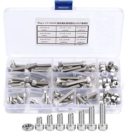 90 Tornillos de Cabeza Hexagonal de Acero Inoxidable de 1/4-20 Unc, Tornillos de Cabeza Vis Americaine, 1 Kit Surtido de Tornillos de Cabeza Hexagonal de Acero