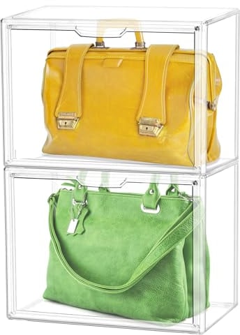 QWORK® 2 piezas de cajas de exhibición transparentes, almacenamiento de bolsos, organizador de almacenamiento apilable, para bolsos, zapatos, juguetes, bolso de hombro, 36X22X27cm