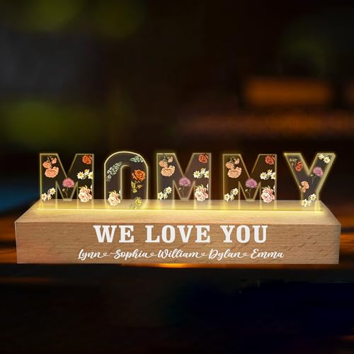 Personalisierte Mama Blume Lampe, benutzerdefinierte Geburtsmonat Blume Acryl LED-Nachtlicht, Geburtsmonat Blume Mama Nachtlicht mit Kindern Namen, kundengebundene Muttertag Geschenk für Mama Oma