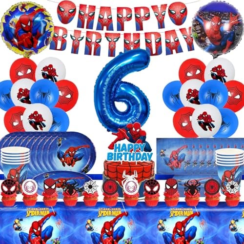 Décoration de Ballon pour Enfants, 88 PCS Vaisselle jetable pour Fête de Thème, Decoration Anniversaire Garcon avec Ballons, Bannière, Nappe, Cake Topper, Serviettes, Assiette, Gobelets (6 th)