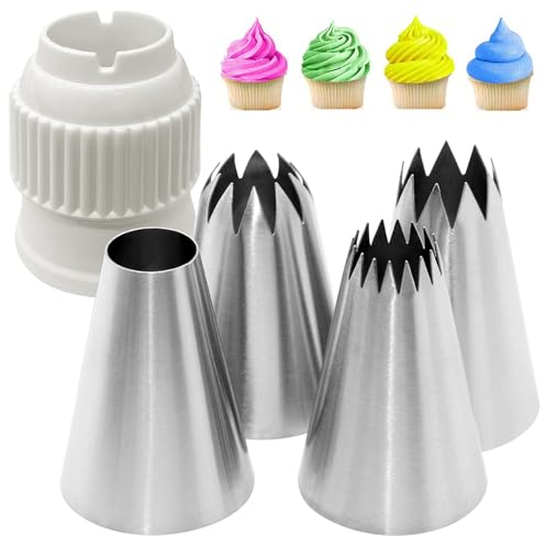Kisvic Lot de 4 grandes douilles en acier inoxydable avec adaptateur (XL) pour poche à douille, décoration de cupcakes, gâteaux, glaçage, biscuits