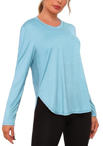 Terecey UV-Shirts Damen Langarm Sportshirt UPF 50+ Sommer Langarmshirt Atmungsaktiv Locker Sport Top Weich Leichtes Funktionsshirt für Yoga Fitness, Blau M