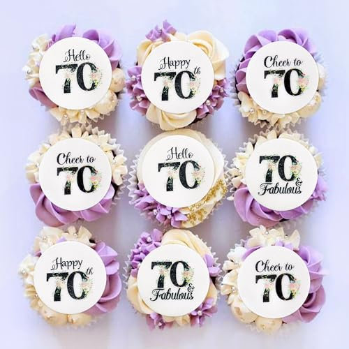 Blumomon 40 Pcs Edible 70th Happy Birthday Cupcake Toppers Happy 70 Cupcake Topper Cheers to 70 Fabulous Cake Decoration for 70th Birthday Party Decoration Edible 70th Anniversary Cake Decoration
