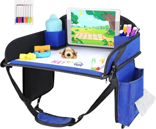 Kids Travel Tray, Play Tray For Kids Car Seat, Toddler Road Trip Essentials, Drawing Lap Board With Storage Space for Airplane, Multifunctional Travel Toys Road Trip Must Haves For Kids, Blue