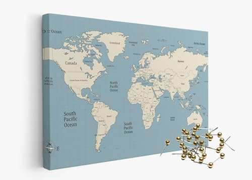 framed concept Hochwertige Canvas Weltkarte 90x60cm - Kork-Pinnwand - Englische Beschriftung