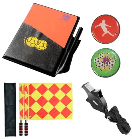 Football Soccer Referee kit Linesman Flags,Referee Whistle,Toss Coin and Yellow Cards with Notebook - 4 in 1 Referee Accessories Set (BLACK and Yellow)