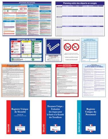 Affichages Obligatoires Entreprise. Panneau Code Du Travail. Consigne De Sécurité. Pack Affichage Réglementaire Entreprise. 10 Panneaux, 2 Registres, 1 Document Unique.
