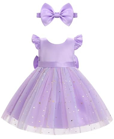 Odizli Vestito da battesimo per neonata, estate, principessa, tutù, in tulle + fascia per compleanno, matrimonio, festa, Lilla, 2-3 Anni