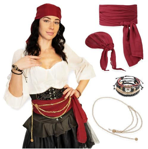 Festicy Piratenkostüm Damen Zubehör 2025 Bordeauxrotes Piraten Kopftuch damen I passender Taillengürtel Taillenkette, Lederarmband I piraten Accessoires damen für Dein piraten Kostüm Frauen