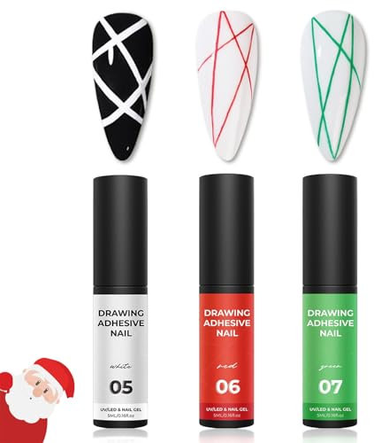 Gel Nail Polish Set, 3 Colors Gel Liner Nail Art Kit with Green Red White Painted Nail Gel, UV/LED Soak Off Painting Drawing Gel Liner Polish for Nail Art Design, Built-in Thin Brush