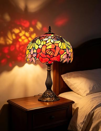Rose Pastoral Retro Antique Tiffany Style Table Lamp Bedside Lamp Stained Glass Crystal Bead Lampshade Antique Lighting Living Room Bedroom Table Lamps Children's Lamp(Size:10 inch,Color:red)