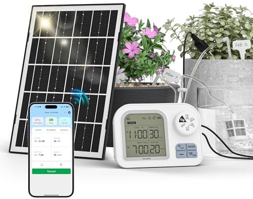 Raddy Sistema de riego solar WS-74 con control de aplicación inteligente, IPX7 resistente al agua, sensor de humedad del suelo ajustable, batería de 2600 mAh, juego de riego automático por goteo para