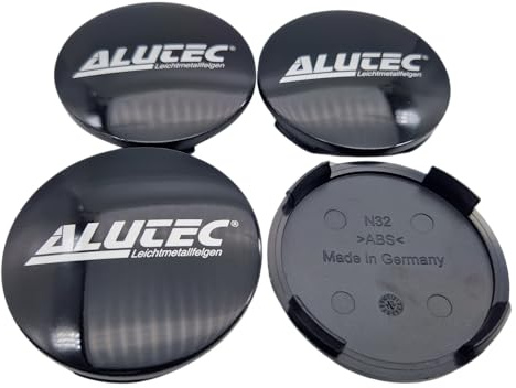 4X Alutec Nabendeckel 64mm Schwarz Glanz (N32) Logo Silber (ALA) - Original Felgendeckel/Nabenkappe/Hubcap