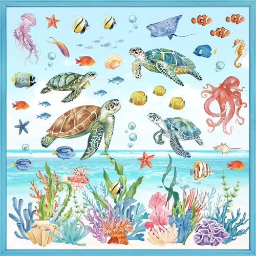wondever Fenstersticker Unterwasserwelt Schildkröten Fenster Aufkleber Unter dem Meer Seegras Koralle Fische Fensterbilder Fensteraufkleber Anti-Kollision Doppelseitig Glasaufkleber Glas Deko