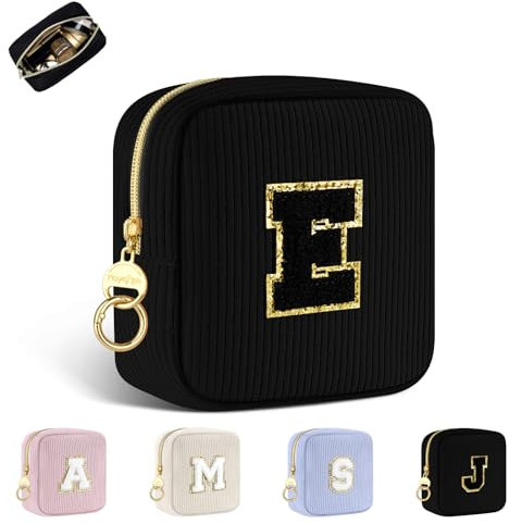Trousse per Trucchi Donna Personalizzata Iniziale Piccola Borsa da Cosmetici Beauty Case da Viaggio Accessori Pochette Trucchi Organizer in Velluto a Coste Regalo per Ragazza Amica Compleanno Nero E