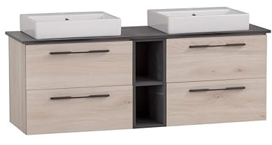 Schildmeyer Waschtisch Doppelwaschtisch Maxim 701848, eckiges Aufsatzbecken, sandeiche Dekor/Marmor Optik