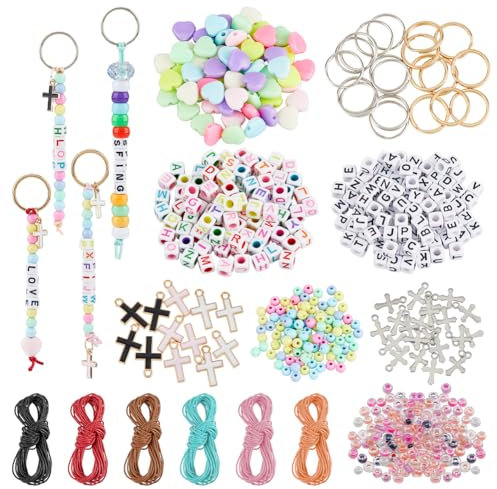 DICOSMETIC Kits de Fabrication de Porte Clés DIY 460 Perles de Cœur Perles de Lettre Perles de Graines Perles à Gros Trou 32 Breloques Croix 30m 6 Couleurs Cordon Ciré et 20pcs 2 Couleurs Porte Clés