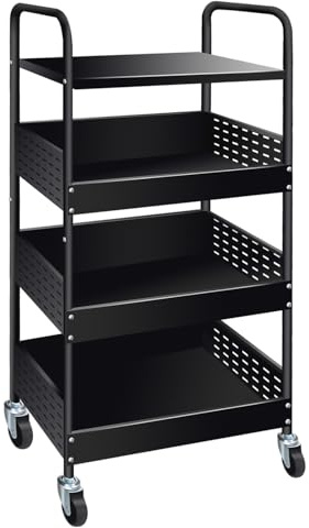 Goodsnetic 4-Tier Trolley Cart, Metal Storage Trolley on Wheels, Black | Heavy Duty Storage Organizer Cart with Lockable Wheels for Kitchen, Bedroom, Laundry, Ideal for Books, Veggies and Snacks