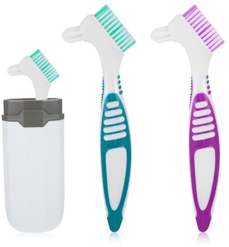 2 Stück Prothesenzahnbürste, 15.5cm Doppelseitige Prothesenbürste Zahnbürste für Prothesen mit Weißer Box, Bürste für Effektive Reinigung, Grün & Lila