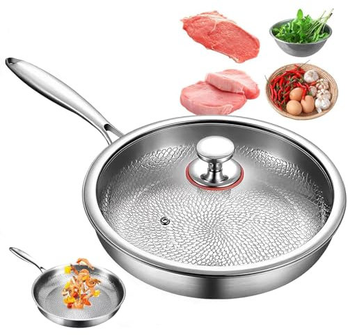 Titanium Hammered Pan Pro with Lid, 10/11/12 Titanium Frying Pan, Suitable for Induction Cookers and Gas Stoves, Stainless Steel Handle Uncoated Non-stick Pan, for Stir-frying and Frying Steak