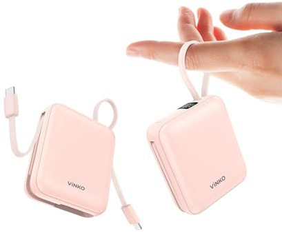 VINKO Mini Power Bank 10,000mAh, Fast Charging 22.5W Small Portable Charger with Built-In 2 Cable,Battery Pack For iPhone 16/16 Plus/16 Pro/16 Pro Max/15 Series, Galaxy, Android Phone and More-Pink