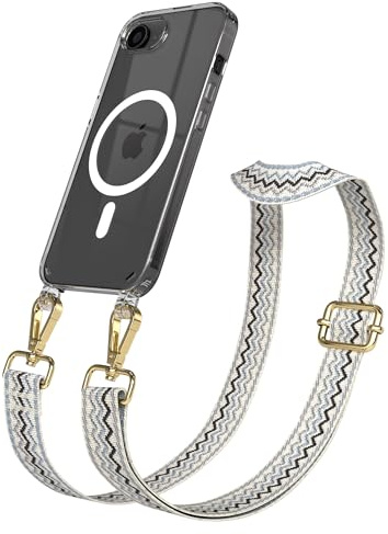 EAZY CASE Handykette - Verstellbares Taschenband kompatibel mit iPhone 16e, Schulterriemen, Handykordel mit Silikon Hülle, Qi Charging kompatibel, Umhängetasche, Beige Blau Gold