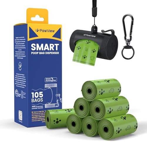 PawView Aufrollbarer Hundekotbeutelspender für Leine und gürtel mit Kotbeutel 7 Rollens (105 Stück) Hundekotbeutel extra stark mit duft，Hundekotbeutelhalter klein,wasserdicht und robust schwarz DE