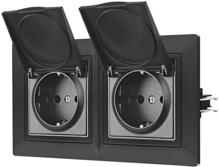 Steckdose Mit Wasserdichter Abdeckung, Steckdosen Schwarz Matt, Unterputz EU-Standard Einbausteckdose, Inzelsteckdose,Für Büro, Hause, 2 Fach