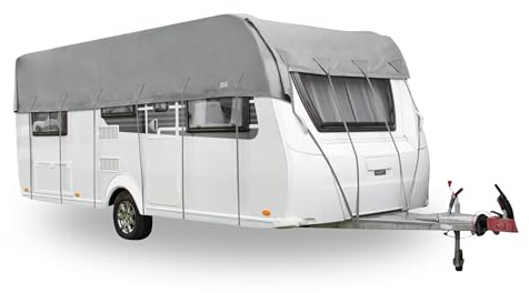 BERGER Dachschutzplane Wohnwagen Schutzhülle | Wetterfeste Wohnwagenabbdeckung in 9 Größen: 450–850 x 390 cm | Atmungsaktive Wohnwagenplane mit Tragebeutel & Spanngurten (550 x 390 cm)