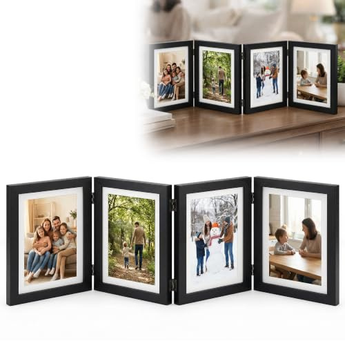 Zevmi Bilderrahmen Collage 10x15cm: Mehrfachbilderrahmen für 4 Fotos Klappbarer Fotorahmen Holzbilderrahmen für Hochzeit Büro Familie Deko (4 Bilder)