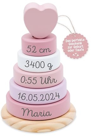 wunderwunsch smallfoot Stapelturm personalisiert, Motorikspielzeug für Kinder, Motorikwürfel Baby, Geschenk zur Geburt, Geburtstagsgeschenk mit Namen (rosa)