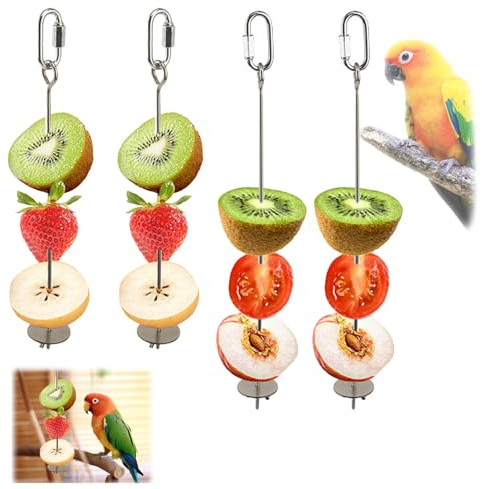 BSITSSS 4 Pièces Brochettes pour Oiseaux, Moyen et Petit Inoxydable Porte-Fruits Légumes, Jouet Perroquet Support pour Votre Mangeoire Cages Oiseaux Perruches Calopsittes Canaris
