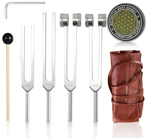 TatTech Tuning Forks for Healing, 128Hz 136.1Hz 256Hz 384Hz Aluminum Alloy | Chakra Body Tuning Forks Set with Activator and Leather Pouch for Yoga Meditation Relaxation Energy Balance